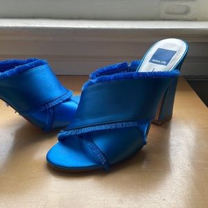 Dolce Vita Blue Satin Fringe Block Heel Sandal
